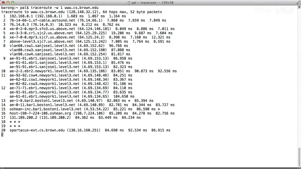 课程截图:到 Brown 的 traceroute 跳点与 RTT